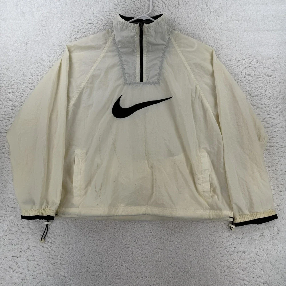 Vintage Nike Jacket Mens XL White 1/4 Zip Windbreaker Big Swoosh Pullover 90s